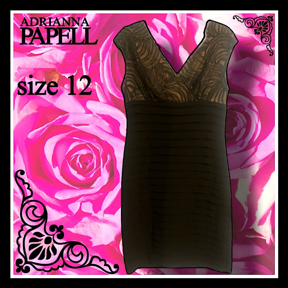 ADRIANNA PAPELL black and tan vneck black mini DRESS size 12